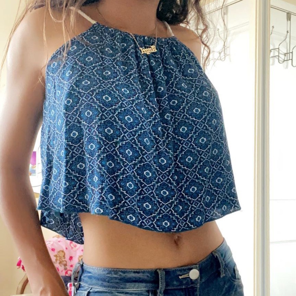 Blue Ornate Cropped Tank Top | Forever 21